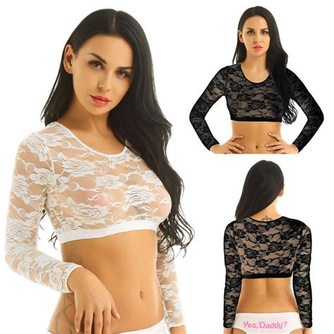 Buy Women S Sexy Tops Lace Mesh See Through Long Sleeves Crop Tops