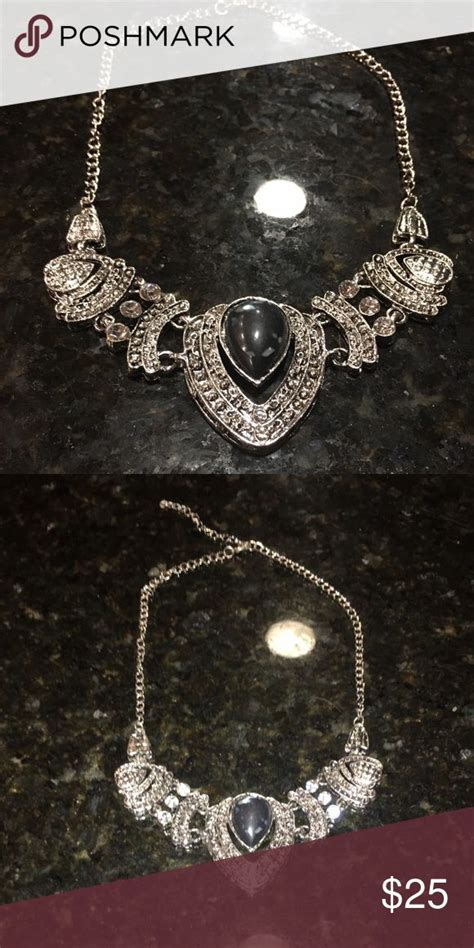 Stunning Silver Necklace With Rhinestones And Black Stone