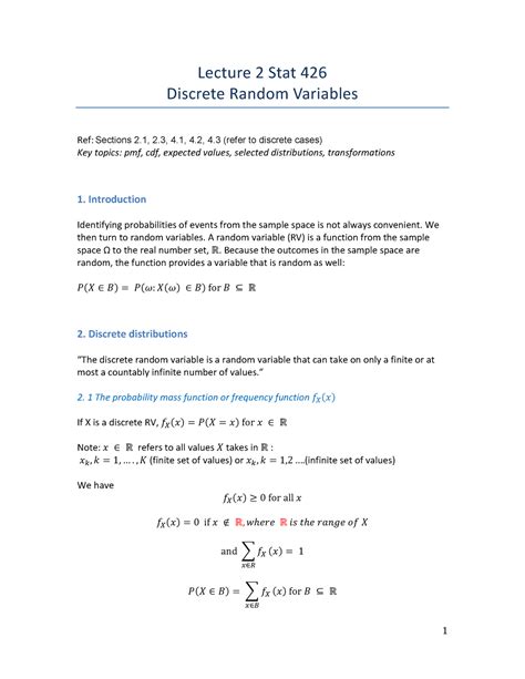 Lecture 2 Lecture 2 Stat 426 Discrete Random Variables Ref Sections