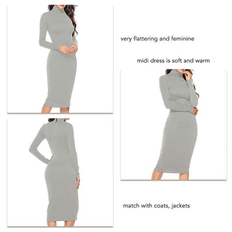 Turtleneck Ribbed Long Sleeve Knit Sweater Dress Basic Soft Date Grey