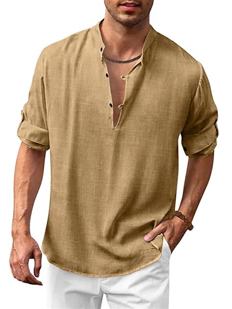 Frontwalk Men Tunic Shirt Hippie Yoga Henley Cotton Linen Tops Mens