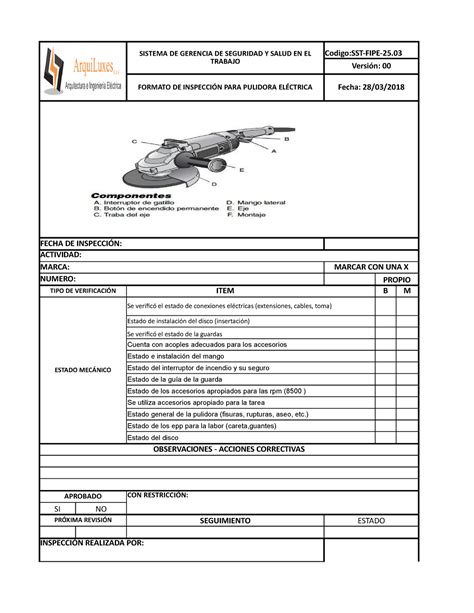 Anexo Formato Inspeccion Preoperacional De Pulidora