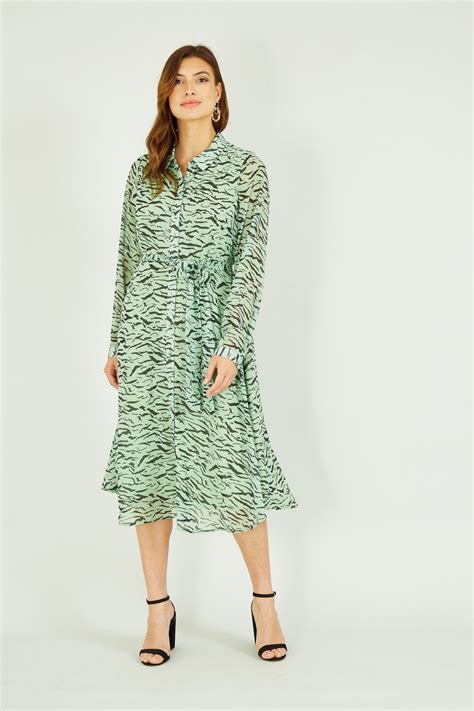 Yumi Green Zebra Print Midi Long Sleeve Shirt Dress Yumi