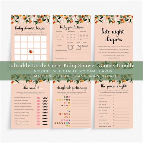 Editable Little Cutie Baby Shower Games Bundle Greenery Baby Shower