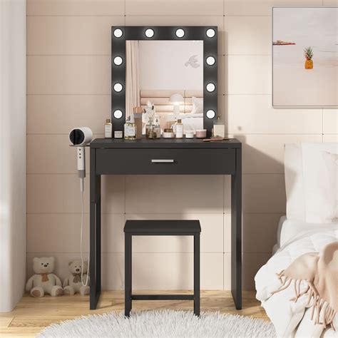 Veanerwood Makeup Vanity Desk With Lighted Mirror Bedroom Vanity Table With Drawer 10 Led