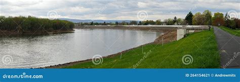 paved path panorama  grassy  susquehanna river stock image