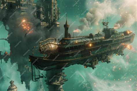 Premium Photo | Steampunk airship battle above a floating fortress