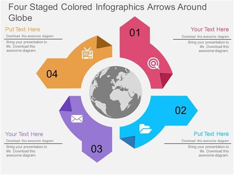 Jx Four Staged Colored Infographics Arrows Around Globe Flat Powerpoint Design Powerpoint