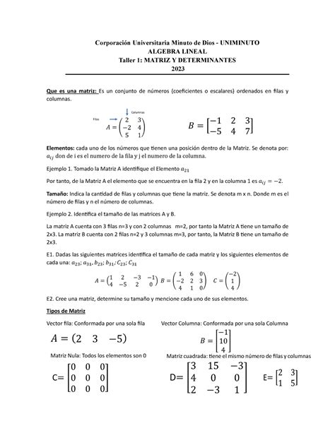 Taller Matrices Algebra Lineal Corporación Universitaria Minuto de