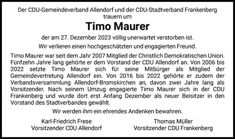 Traueranzeigen Von Timo Maurer Trauer Hna De