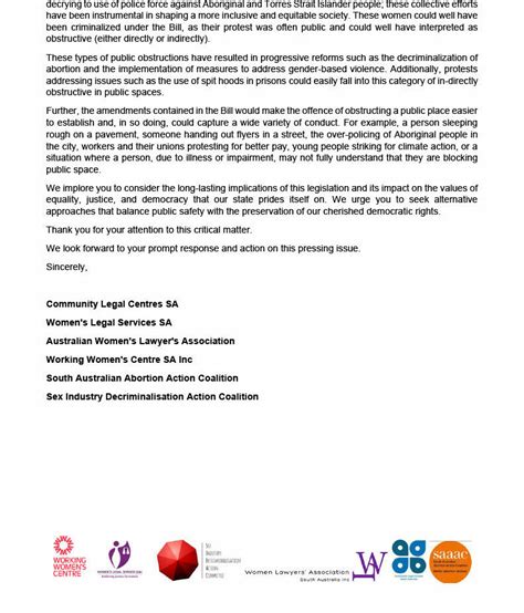 Open Letter To South Australian Parliament Anti Protest Laws Working Womens Centre