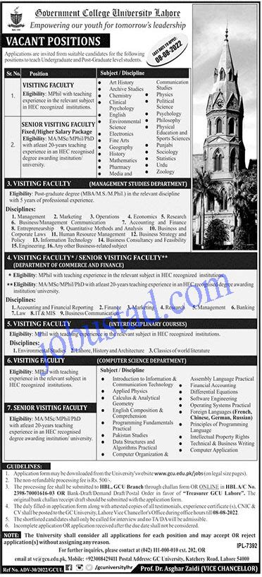 Gcu Lahore Jobs Advertisement Govt College University