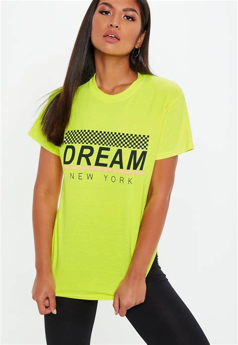 Neon Yellow Dream New York Slogan T Shirt Tops Womens Tops Blouses