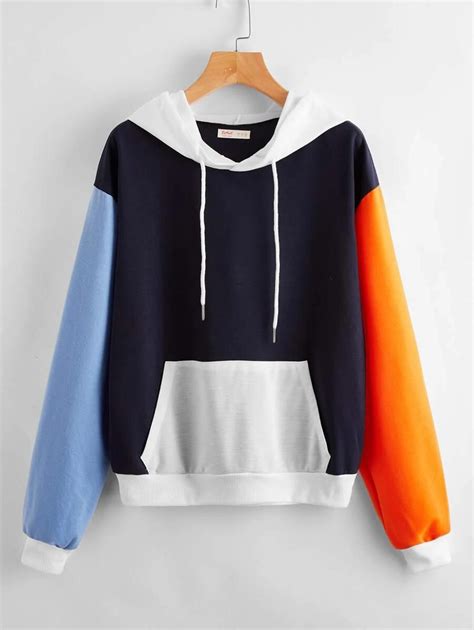 Multicolor Girl Hoody Kangaroo Pocket Colorblock Drawstring Hoodie Drop