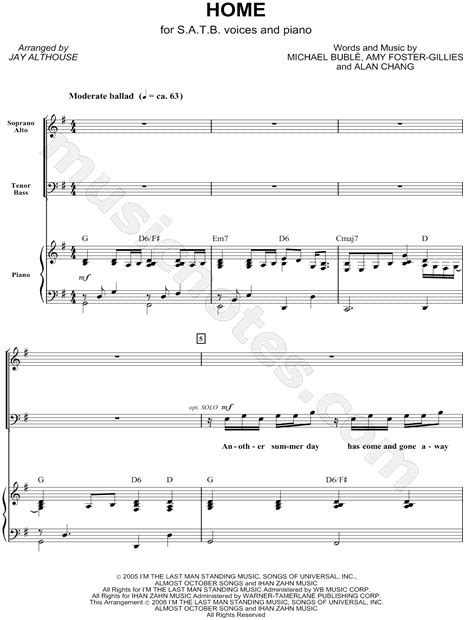 Michael Bublé "Home" (arr. Jay Althouse) SATB Choir + Piano Choral ...