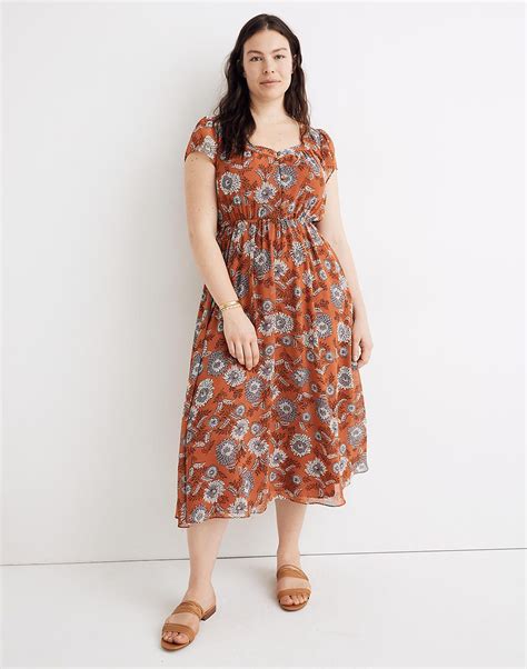 Sheer Sleeve Button Front Midi Dress In Gathered Blooms Midi Dress