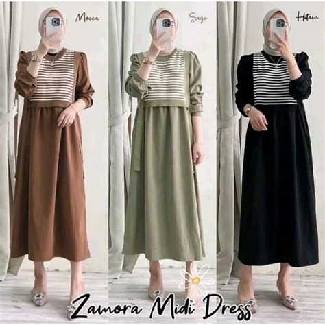 Jual Zamora Midi Dress Terbaru Gamis Muslim Mix Outer Rajut Kombinasi