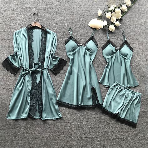 Voncos Sleepwear For Women V Neck Nightwear Sling Lingerie Nightdress Silk Satin Sexy Lace