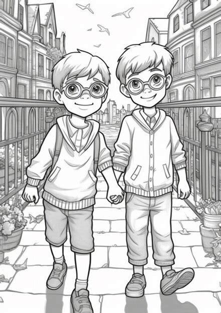 Um Desenho De Desenho Animado De Dois Meninos Caminhando Por Uma Rua