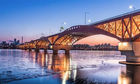 Han River With Seongsan Bridge At Night In Seoul Korea Seongsan Bridge