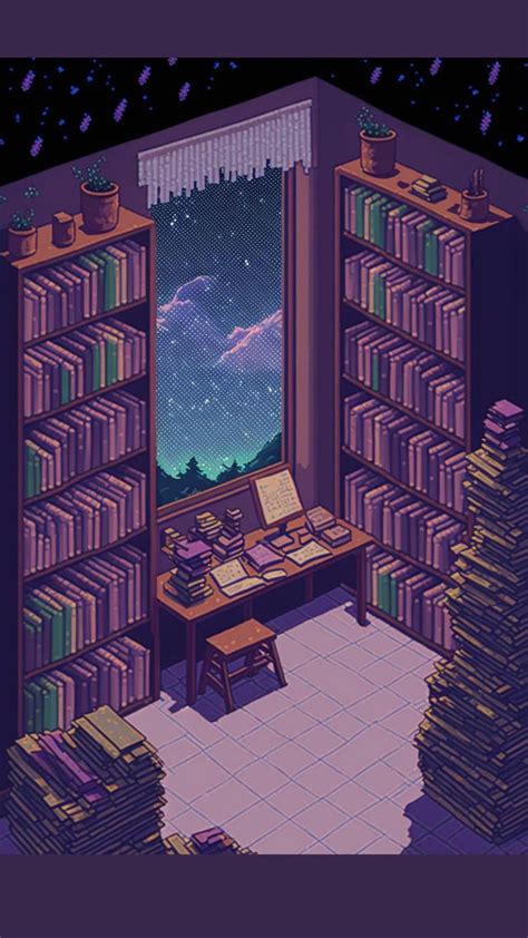 Purple Aesthetics At Home Library Book Room Design Vaporwave Pixel Art