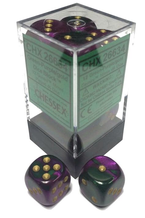 Chessex Gemini Green Purple Gold Set Of 12 D6 Dice Frontline Gaming