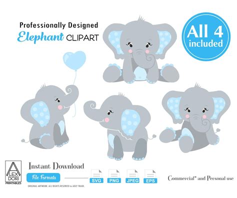 Elephant SVG Set 4 Boy Elephants With Blue Ears Polka Dot Etsy