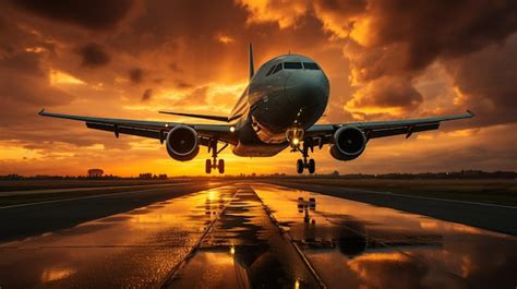 Premium AI Image | he airplane landing at sunset