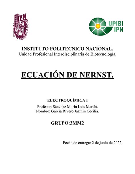 Electroquimica Ecuaci N De Nernst Instituto Politecnico Nacional