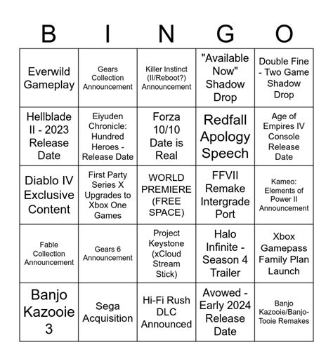 Xbox Bethesda 2023 Bingo Card Bingo Card