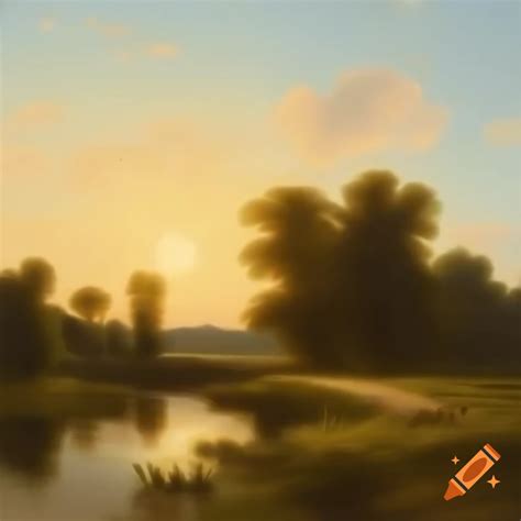 Dawn Landscape Oil Painting By Frederik Heß Along The River On A Sunny