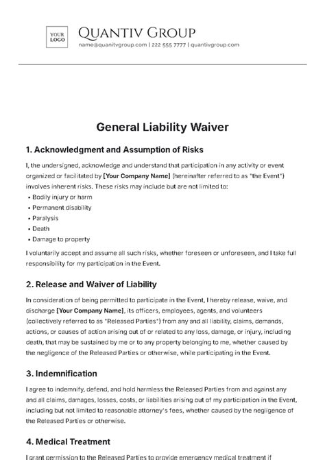 Free General Liability Waiver Template Edit Online And Download