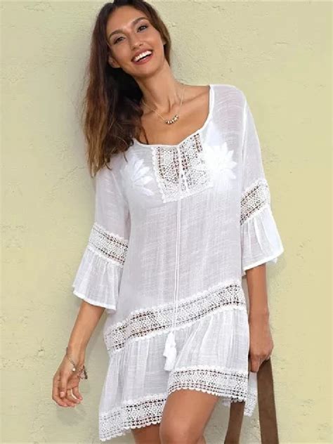 Conjunto De Bikini Sexy Para Mujer Vestido Playero Informal De Manga Corta Con Cuello En V