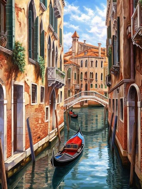 Premium Photo | Painting of a canal with a boat and a bridge in the ...