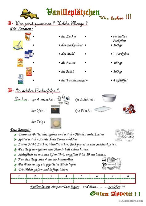 Vanilleplätzchen Ein Rezept allgem Deutsch DAF Arbeitsblätter pdf doc