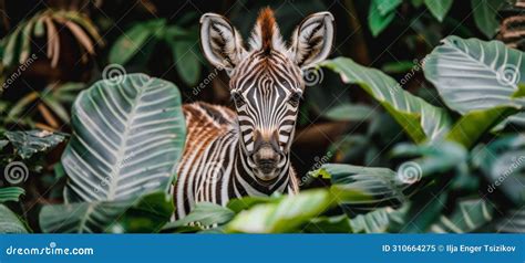 Zebra Peeking Through Lush Dark Tropical Jungle Leaves Wildlife In