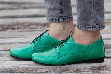 Green Leather Shoes Green Oxford Shoes Close Shoes Flat Shoes Green