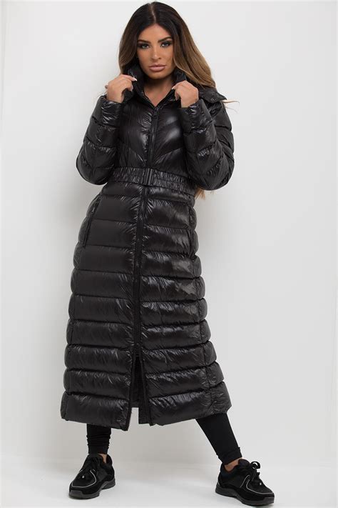 Womens Black Longline Puffer Padded Jacket With Hood And Belt Outerwear Uk