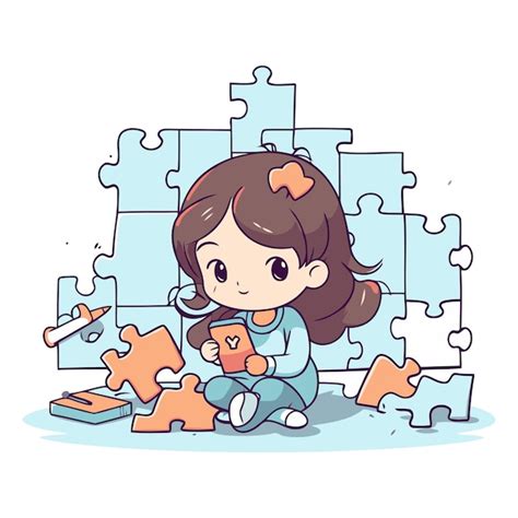 Une petite fille mignonne jouant avec des pièces de puzzle Illustration