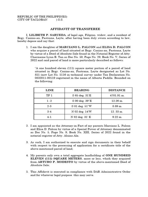 Affidavit Of Transferee Pdf Affidavit Document