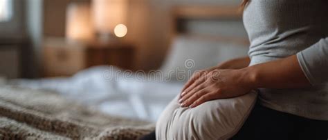 Caucasian Woman Sitting On Bed With Hot Water Bottle For Pain Relief Soothing Cramps In Bedroom