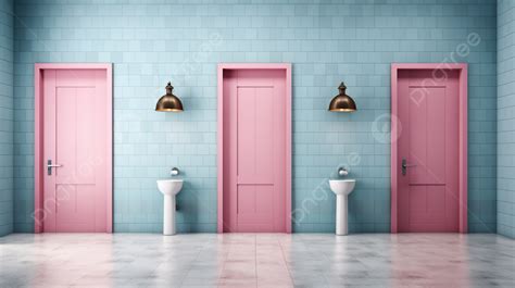 3d Rendering Of Restroom Wooden Doors In Pink And Blue White Wall Spotlight White Stone Floor ...