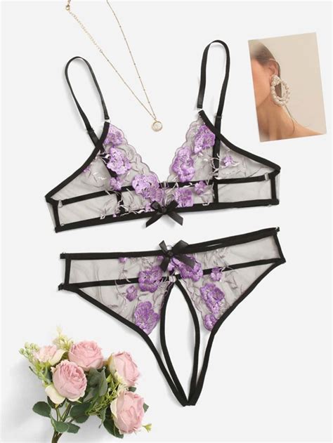 Embroidery Sheer Mesh Crotchless Lingerie Set SHEIN UK