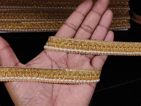 Indian Metallic Gold Beaded Ribbon Border Lace Trim With For Decoration Of Dresses For Crafting