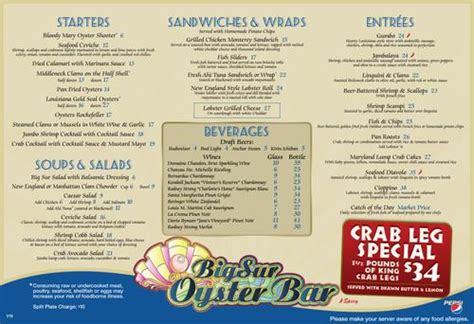 Big Sur Oyster Bar Menu In Las Vegas Nevada Usa