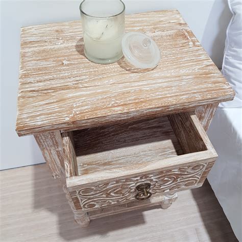 Classic Hand Carved Bedside Table 1 Drawer Whitewash Bali Abundance