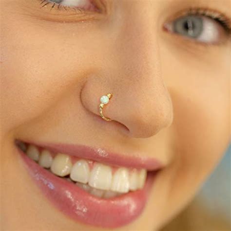 Gold Nose Ring White Opal Piercing Hoop 20 Gauge Tiny Piercings