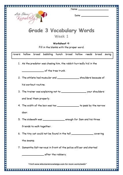 Grade 3: Vocabulary Words and Worksheets – Lets Share Knowledge