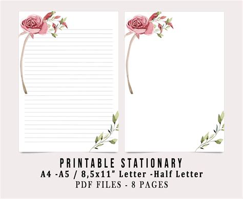 Floral Printable Letter Paper Red Rose Line Sheet Floral Printable