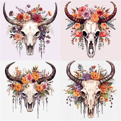 Watercolor Cow Skull Flowers Clipart 8 High Quality Watercolor Cow